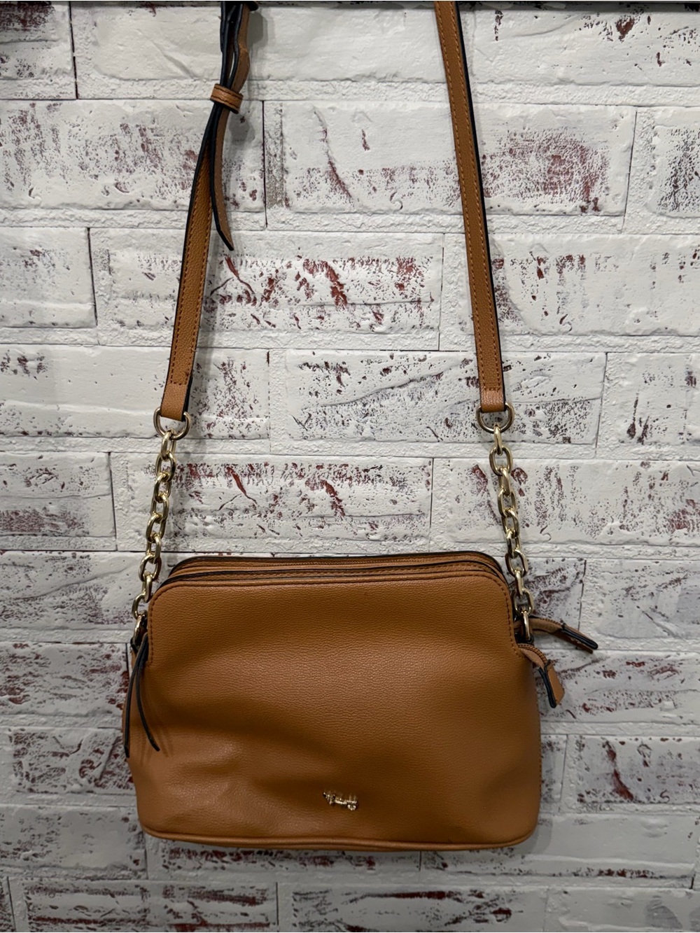 Mathew + Julian Camel Faux Leather Crossbody Bag Double Zip Gold Chain Accent